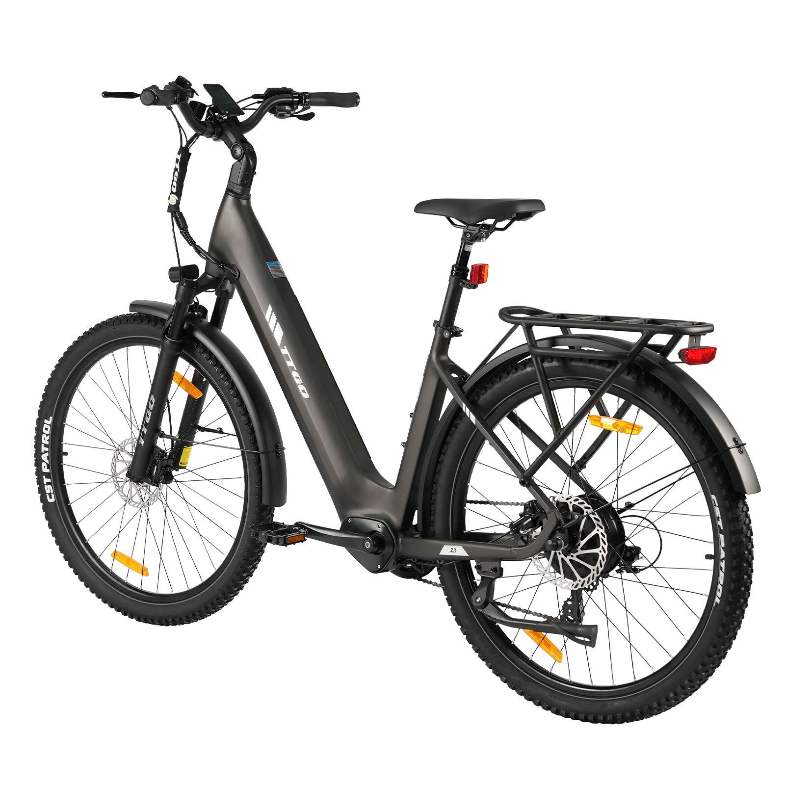 Dunkelgraues Elektrofahrrad mit Schutzblechen, Gepäckträger und hydraulischen Scheibenbremsen. Das TTGO Logo ist sichtbar.