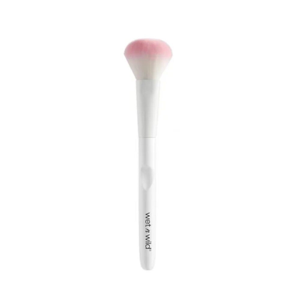Weißer Make-up Pinsel mit rosa Pinselkopf. Der Griff hat den Schriftzug "wet n wild".