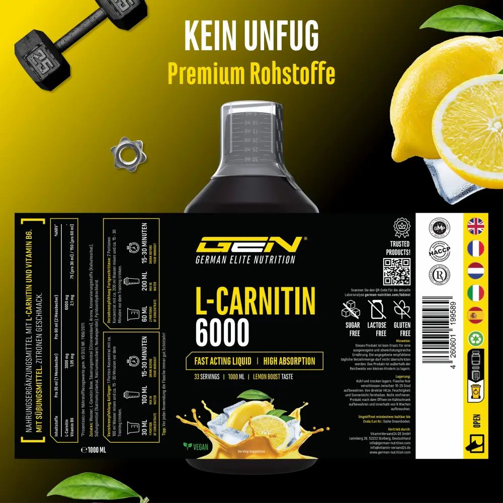 Produktetikett mit Text: GEN L-Carnitin 6000, 1000 ml, Fast Acting Liquid, High Absorption. Enthält Informationen zu Inhaltsstoffen und Nährwerten.