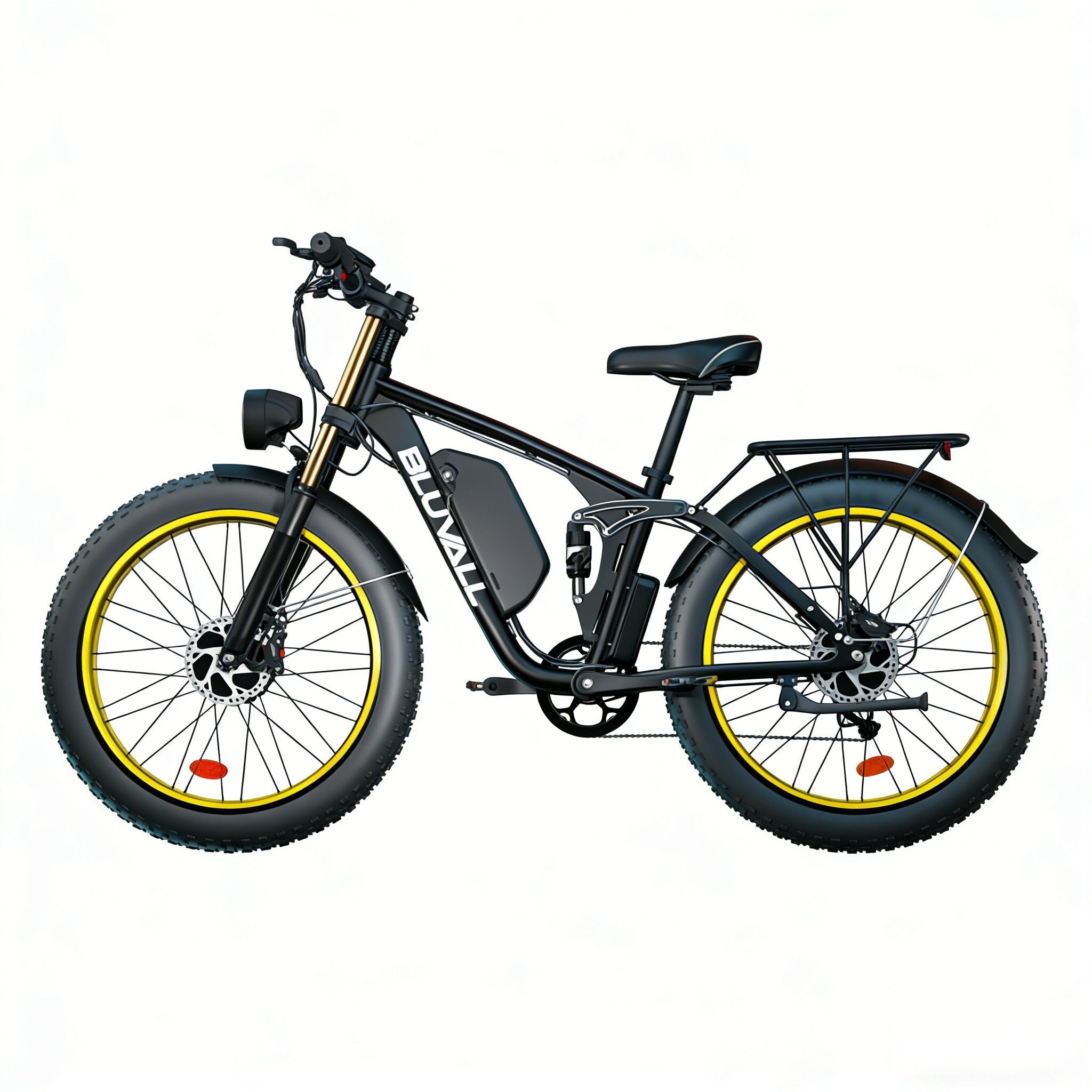 Schwarzes E-Bike mit gelben Felgen, breiten Reifen, Scheinwerfer und Aufschrift BLUVALL.