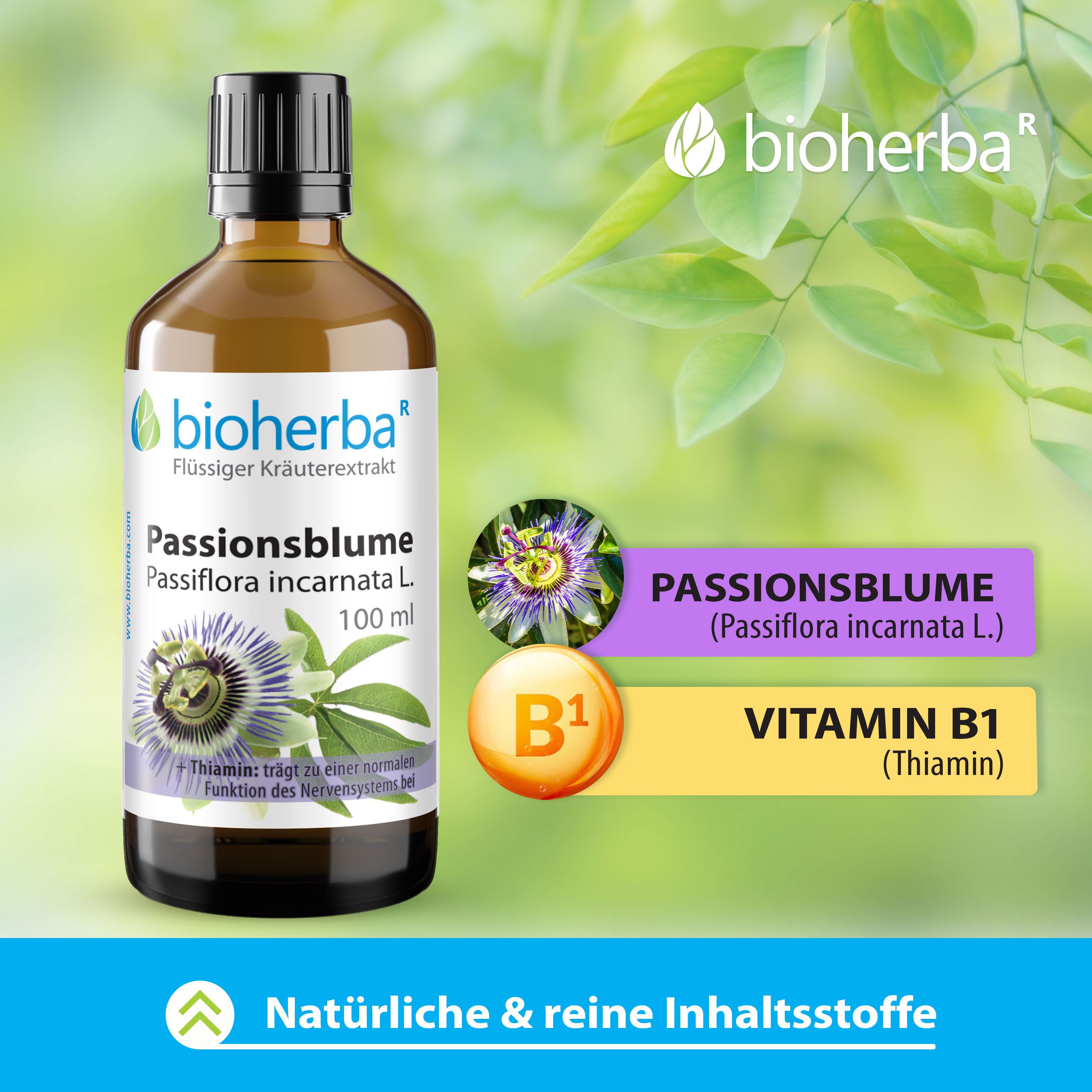 Braune Glasflasche mit schwarzem Deckel. Etikett mit Produktnamen und Logo. Zusätzliche Grafiken: Passionsblume und Vitamin B1.