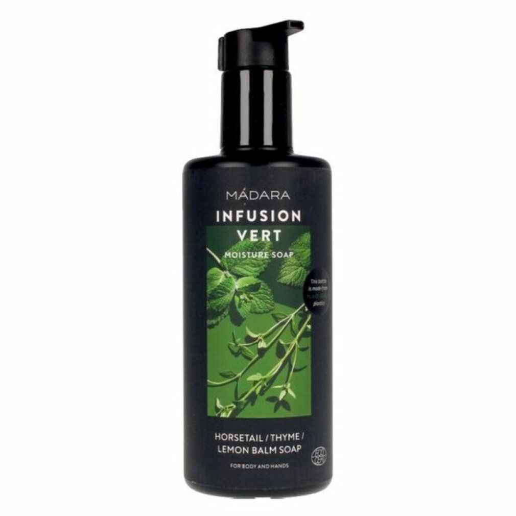 Schwarze Flasche mit Pumpe. Aufschrift: MÁDARA INFUSION VERT. Grün-weiße Grafik. Text: HORSETAIL/THYME/LEMON BALM SOAP.