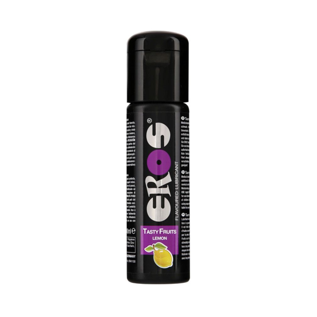 Eros Tasty Fruits Zitronen Gleitgel in schwarzer Flasche mit Klappdeckel. Lila Akzent im Logo. Zitronen-Illustration unten.