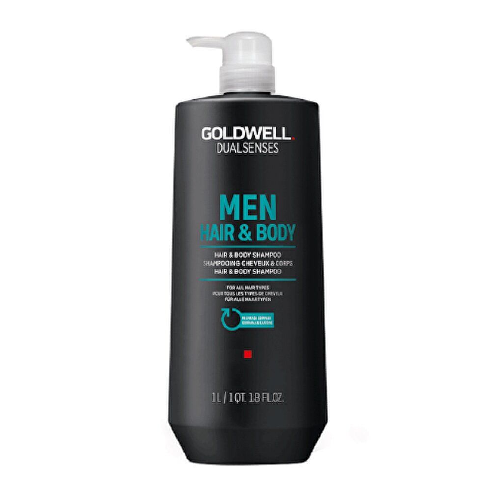 Schwarze Flasche mit weißem Pumpkopf. Aufschrift: Goldwell Dual Senses Men Hair & Body Shampoo. 1L/10T. 1.8 FL.OZ.