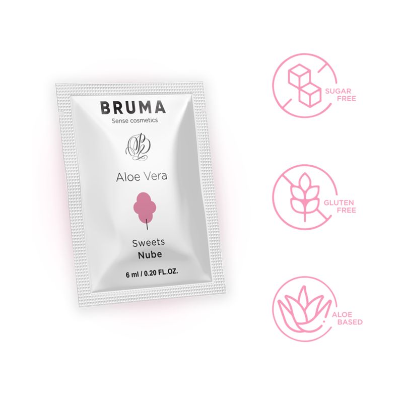 Weißer Beutel mit "BRUMA Aloe Vera Sweets Nube". Symbole: zuckerfrei, glutenfrei, aloe-basiert.