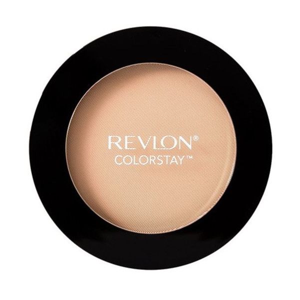 Kompaktpuder mit schwarzem Rand. Beige Puderfläche mit weißem "REVLON COLORSTAY" Schriftzug.