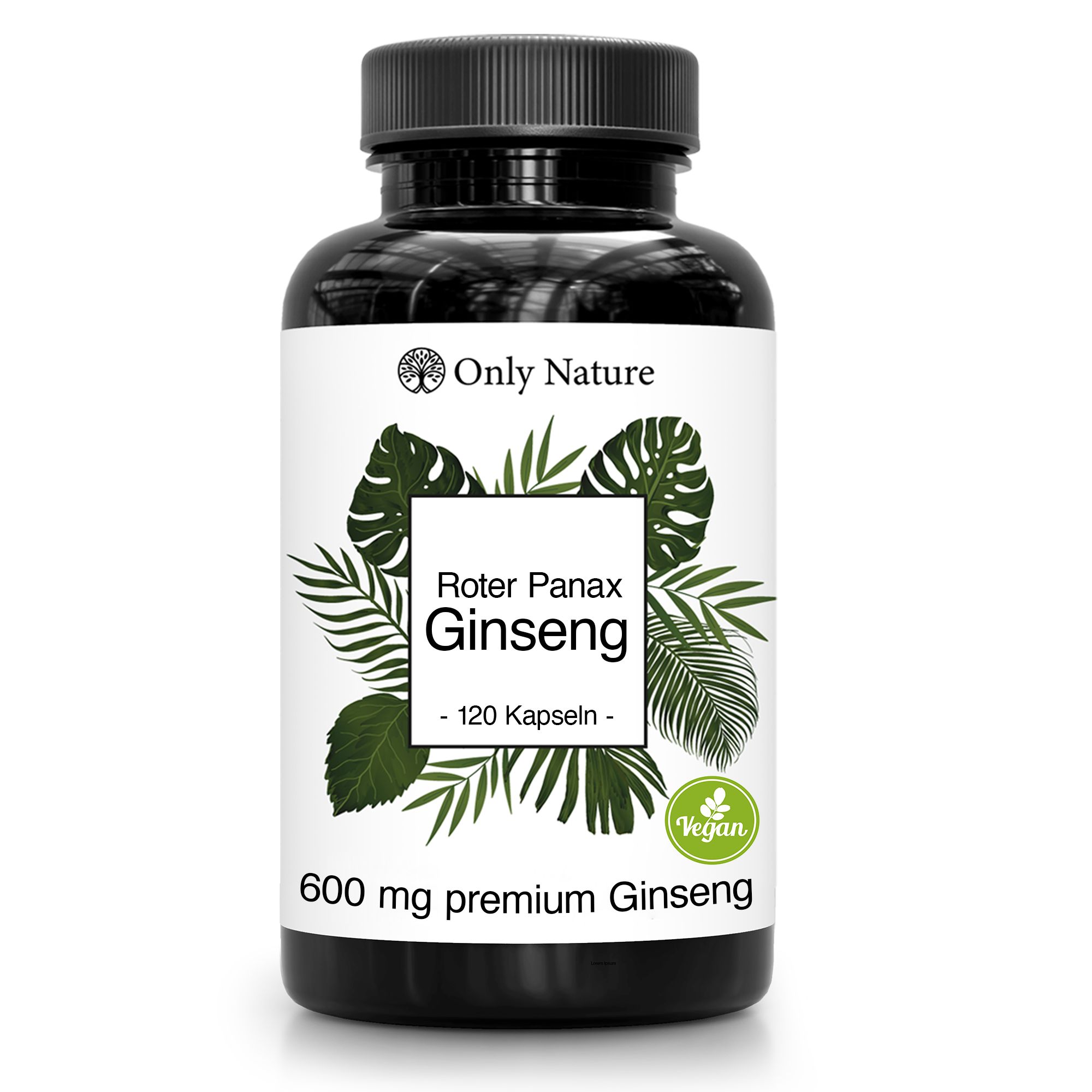 Schwarze Flasche mit Only Nature Ginseng Kapseln. Aufschrift: Roter Panax Ginseng, 120 Kapseln, 600 mg premium Ginseng. Vegan-Siegel.