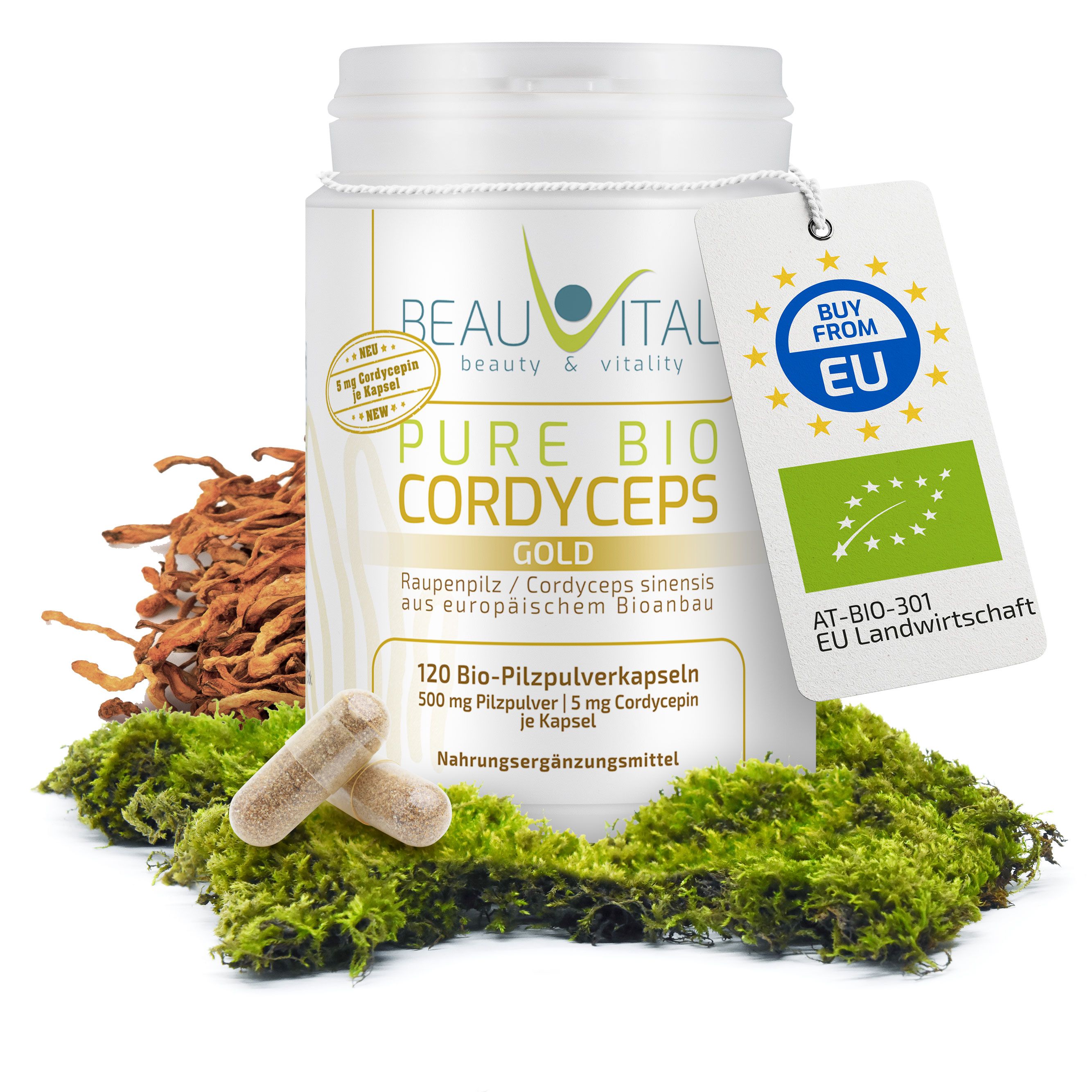 BEAUVITAL® Pure Bio Cordyceps Gold Kapseln: Weißer Behälter mit Etikett, zwei Kapseln, Moos und getrockneten Cordyceps-Pilzen.