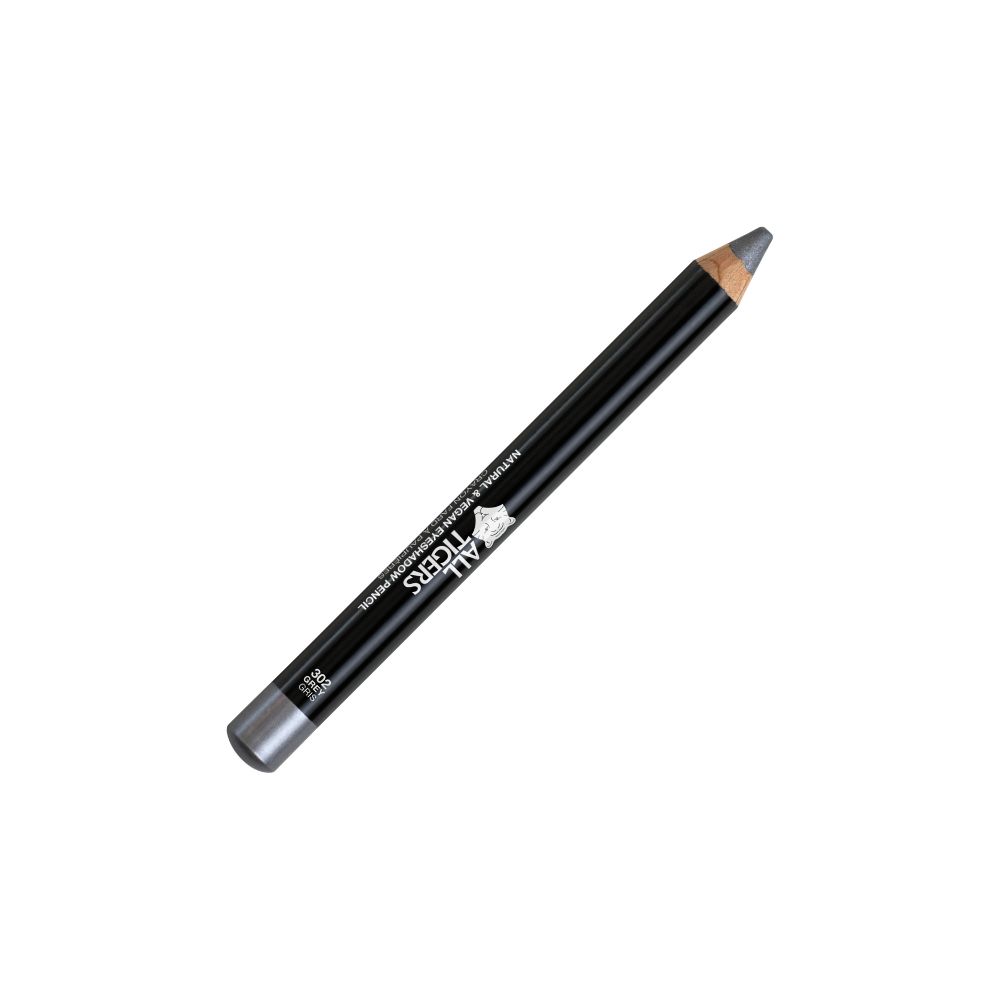 Grauer ALL TIGERS Kajalstift. Schwarzer Stift mit silberner Spitze. Text: NATURAL & VEGAN EYESHADOW PENCIL.