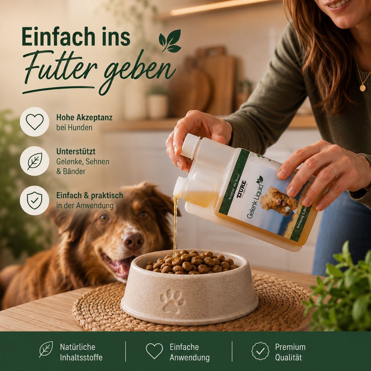 Eine Frau gießt Tjure Gelenk Liquid in einen Hundenapf mit Futter.