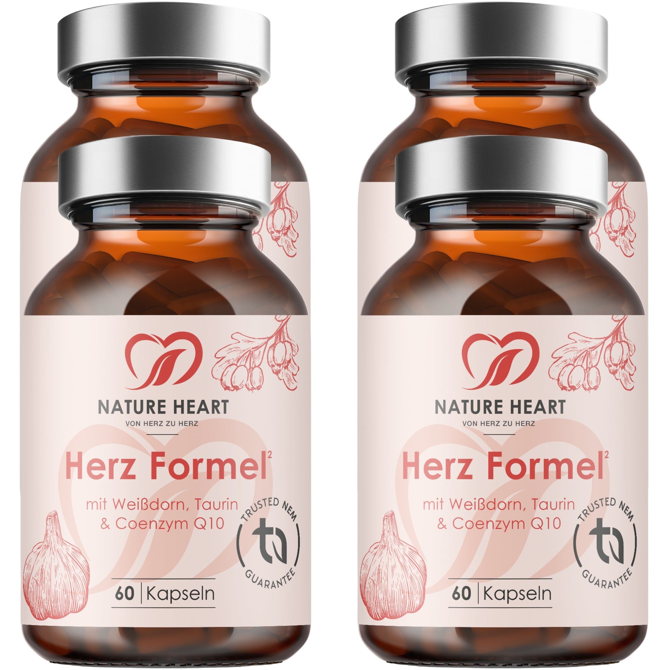 Zwei Braunglasflaschen mit Kapseln, Etikett mit 'Nature Heart Herz Formel', '60 Kapseln'.