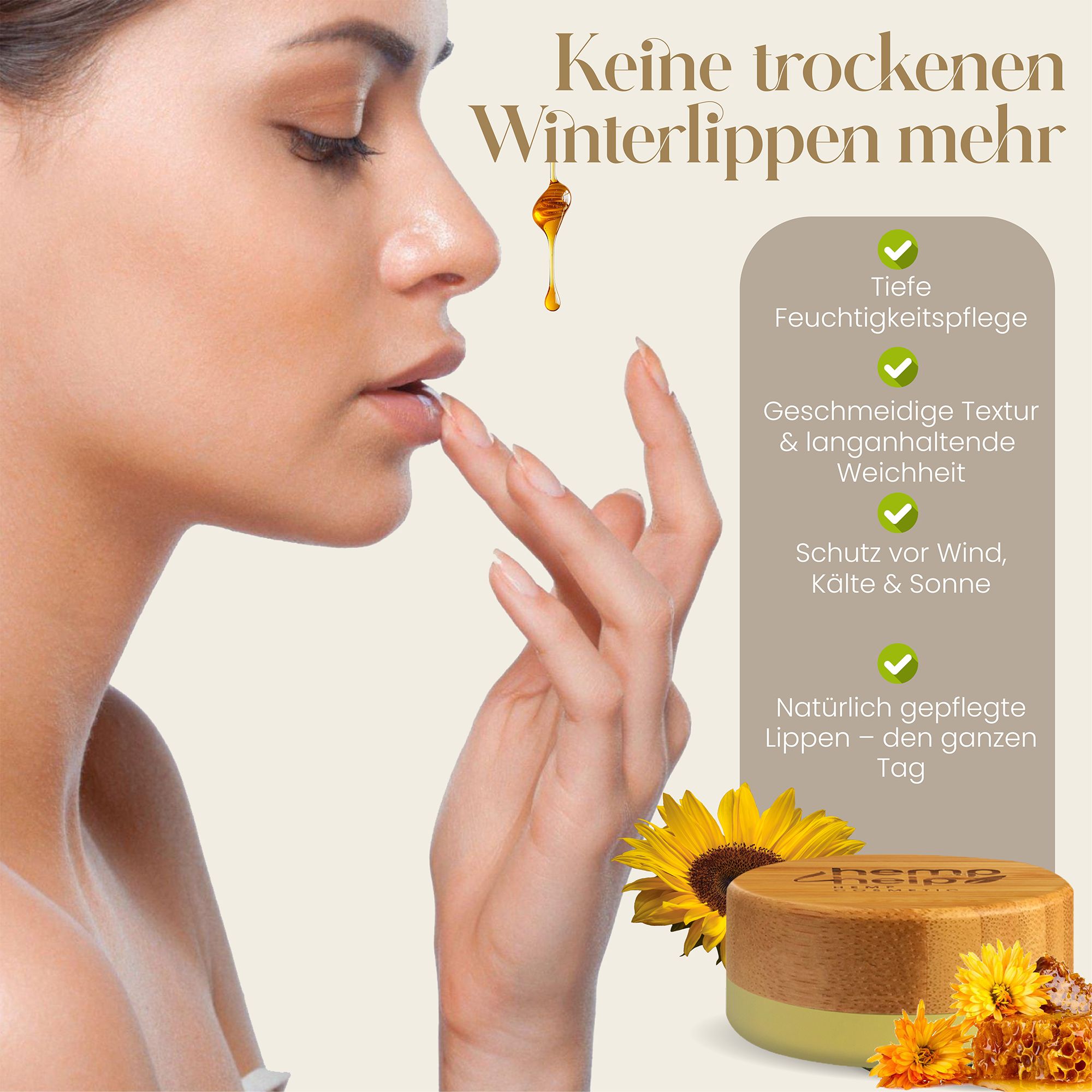 Frau berührt Lippen mit Finger. Lippenbalsam-Tiegel mit Holzdeckel. Text: Tiefe Feuchtigkeitspflege, geschmeidige Textur.