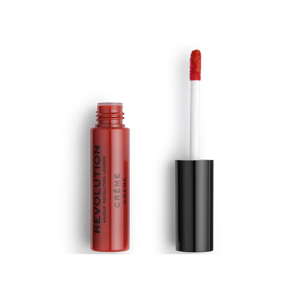 Roter Creme-Lippenstift von Makeup Revolution. Flasche und Applikator. Aufschrift: Creme. Schwarzer Deckel. Weißer Applikator.
