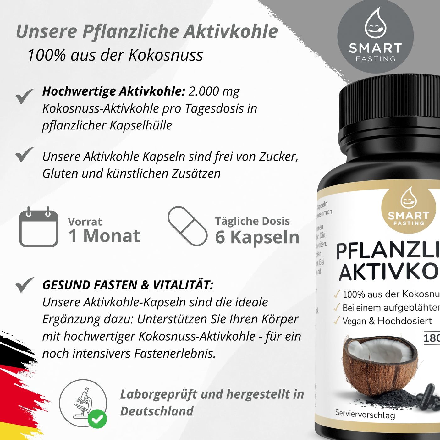 Flasche mit pflanzlicher Aktivkohle, Kokosnuss und Text. Aufschrift: 180 Kapseln, 100% aus Kokosnuss, vegan.