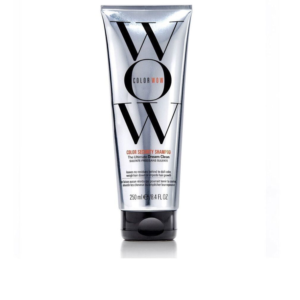 Silberne Tube mit "WOW"-Logo und "COLOR WOW COLOR SECURITY SHAMPOO" Aufschrift. 250 ml.