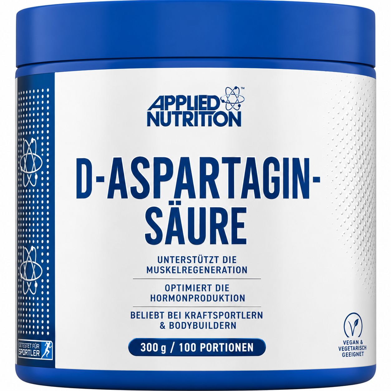 Applied Nutrition D-Asparaginsäure Pulver in blauem Behälter. 300g.