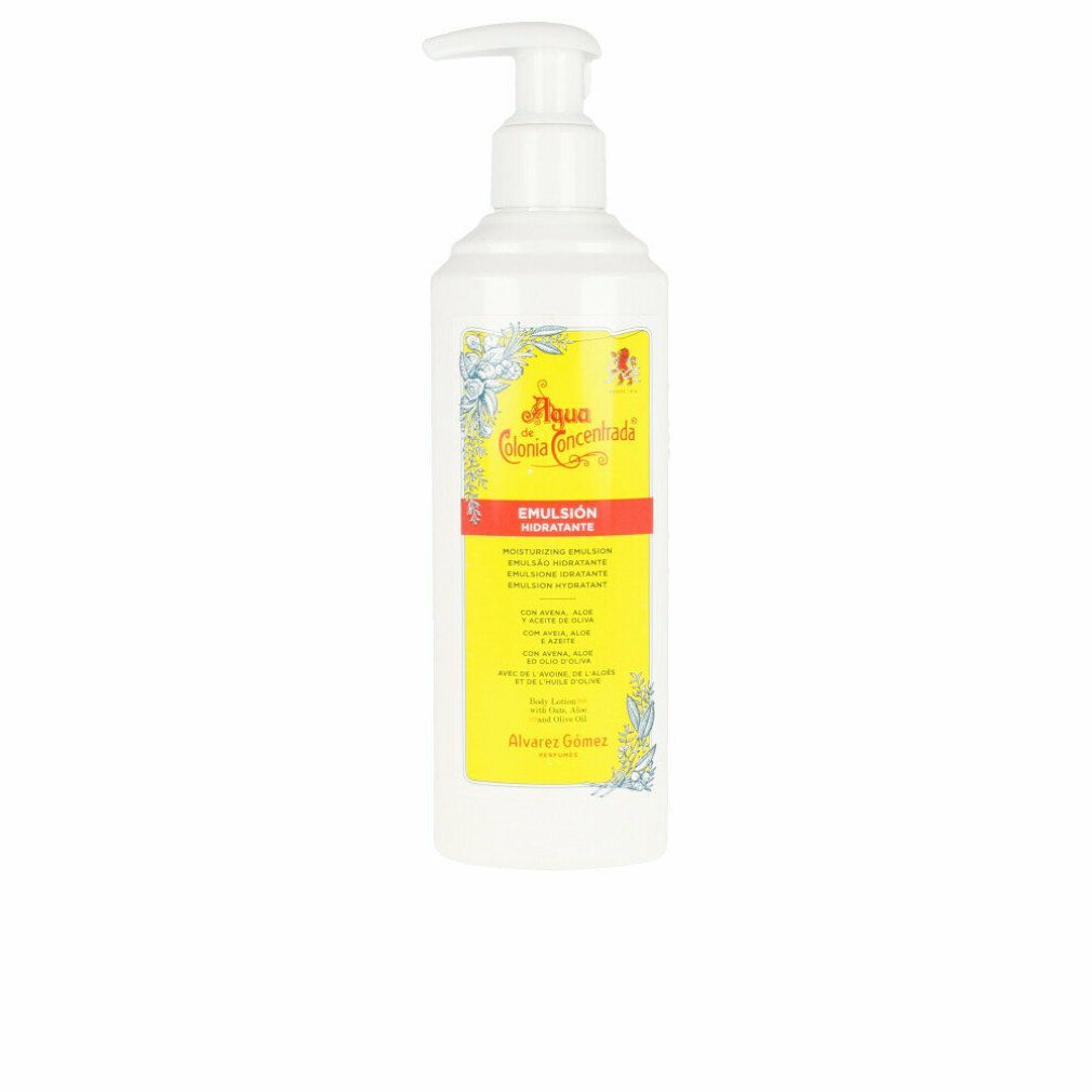 Weiße Flasche mit Dosierpumpe. Gelbes Etikett mit rotem Streifen und Text. Aufschrift: Agua Colonia Concentrada, Emulsión Hidratante.