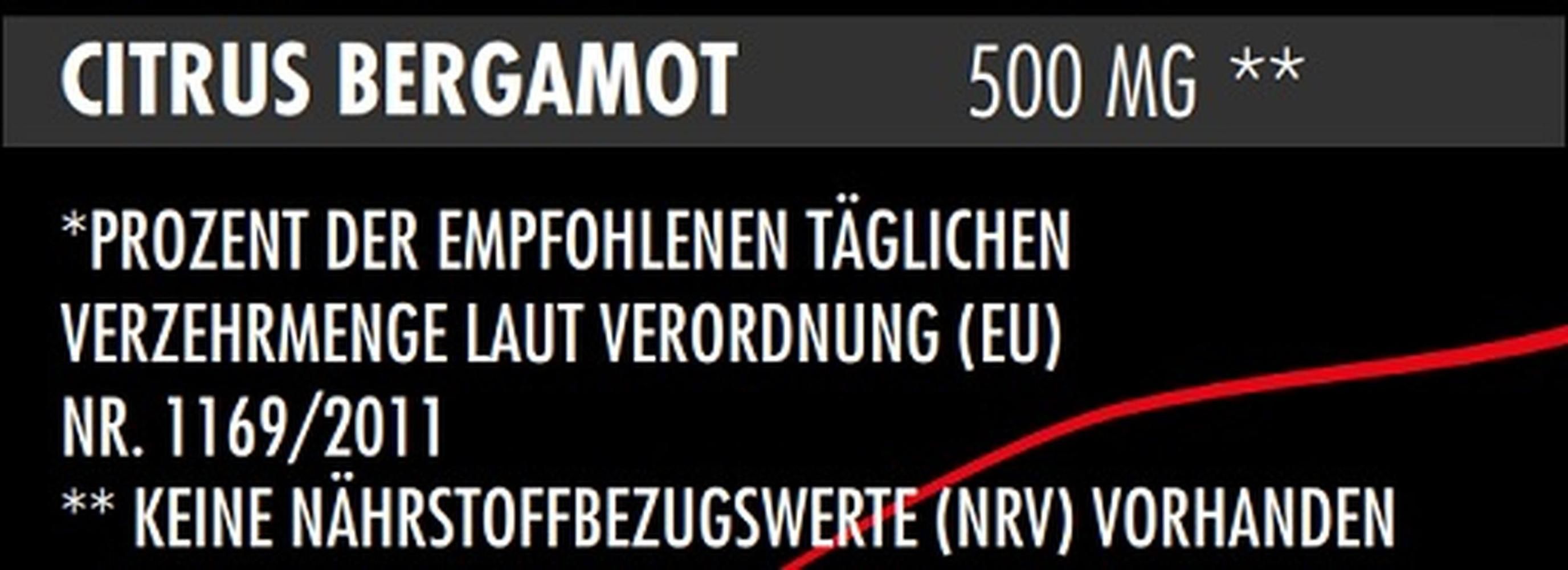Nahaufnahme eines Etiketts mit der Aufschrift "CITRUS BERGAMOT 500 MG". Text darunter beschreibt Nährwertangaben.