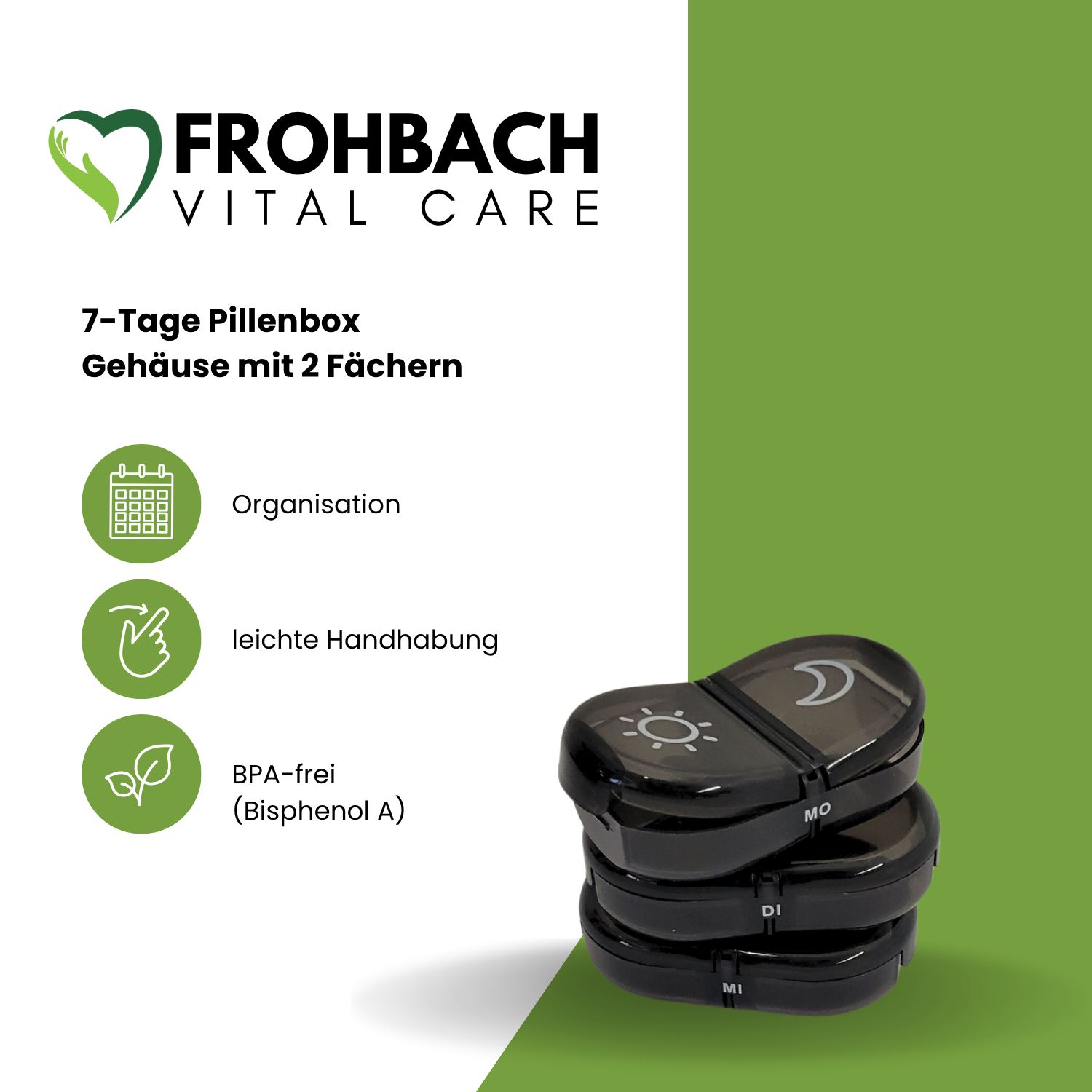 Frohbach Vital Care 7-Tage Pillenbox, schwarz. 3 Boxen gestapelt. Text: Organisation, leichte Handhabung, BPA-frei.