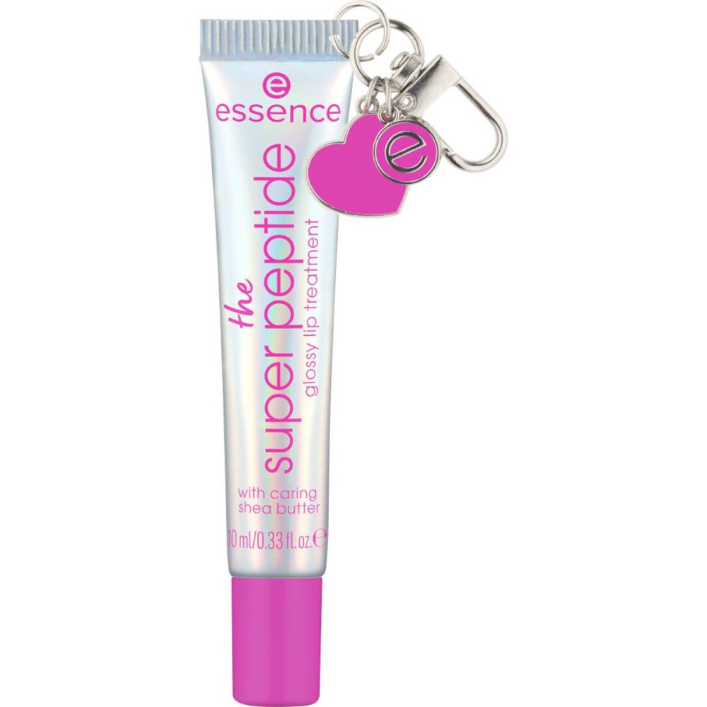 Lipgloss-Tube mit pinkfarbenem Verschluss und Schlüsselanhänger. Aufschrift: Super Peptide, glossy lip treatment. Marke: essence.
