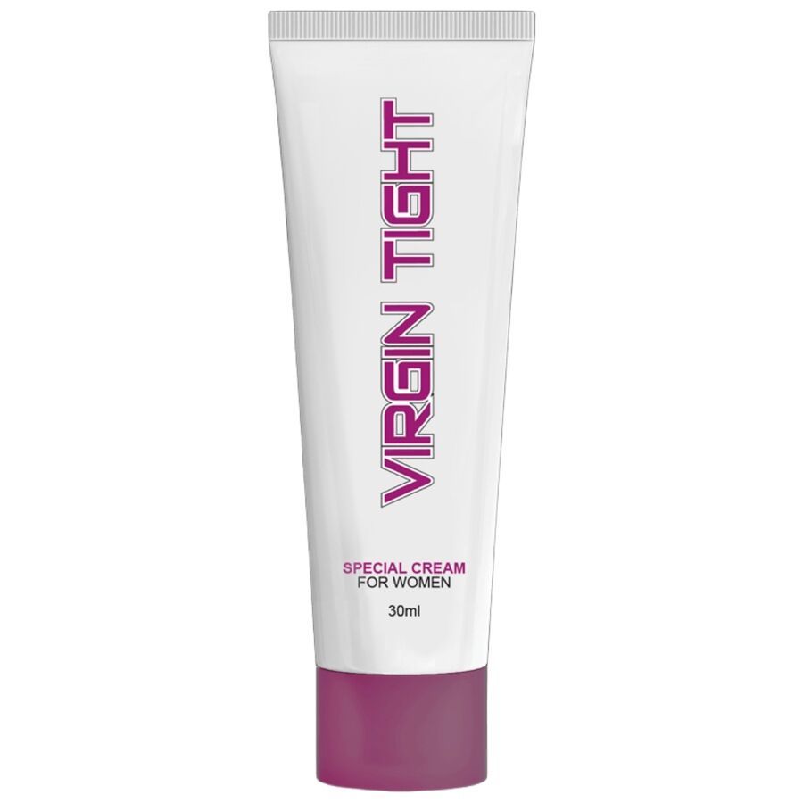 Weiße Tube mit lila Schriftzug VIRGIN TIGHT. Aufschrift: SPECIAL CREAM FOR WOMEN. 30ml.