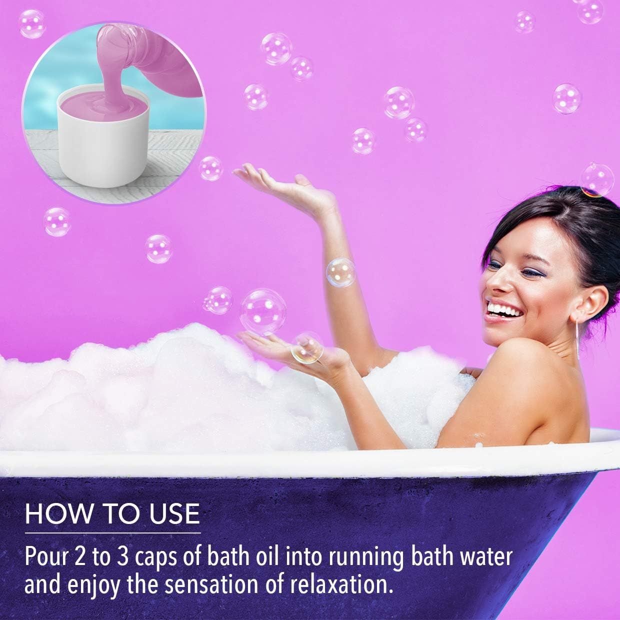 Frau in Badewanne mit Schaum. Aufschrift: HOW TO USE. Daneben eine violette Flasche mit weißem Deckel. Aufschrift: AROMATIKA, LAVENDER BATH FOAM, 1000 ml e.