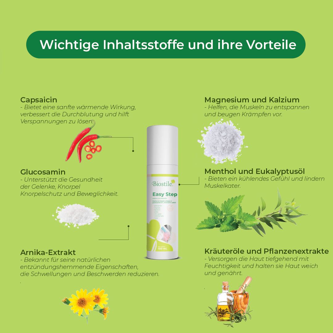 Inhaltsstoffe und Vorteile der Biostile Easy Step Massagecreme: Capsaicin, Glucosamin, Arnika.