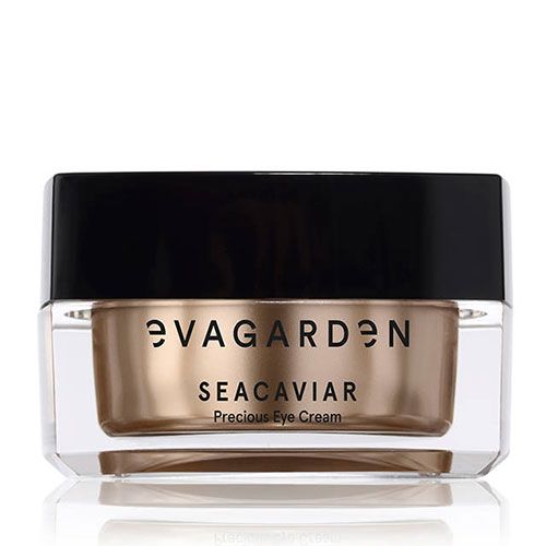 Cremebehälter mit schwarzem Deckel. Aufschrift: Eva Garden, SeaCaviar Precious Eye Cream.