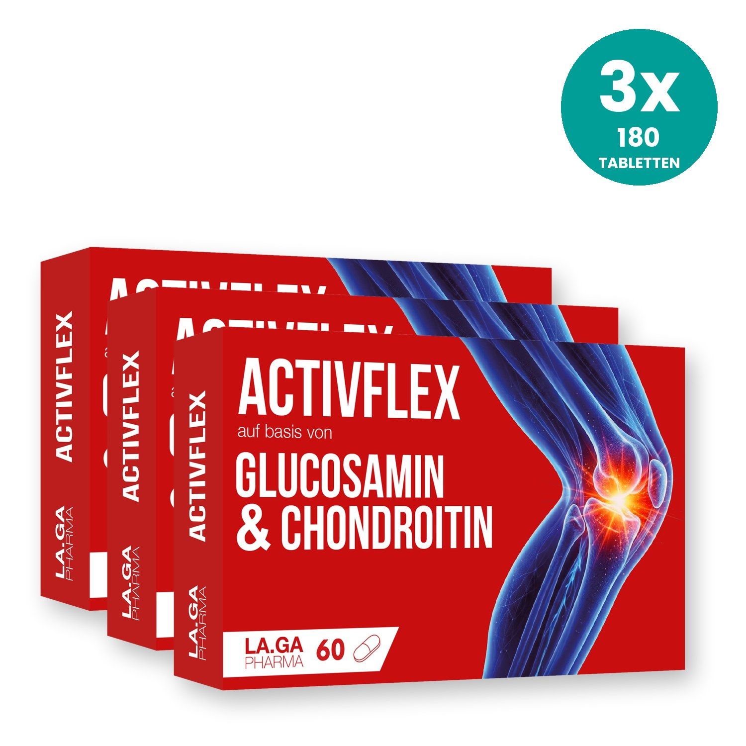 Drei Packungen ACTIVFLEX mit Glucosamin & Chondroitin, 180 Tabletten insgesamt.