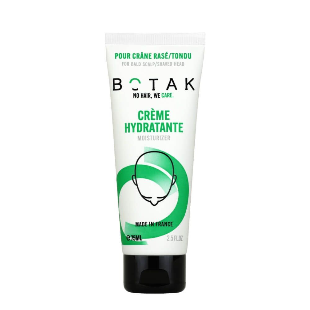 Creme-Tube, BOTAK, für rasierte Kopfhaut. Grüne Akzente, schwarzer Deckel. Text: Crème Hydratante, 75ml, 2.5 FL.OZ.