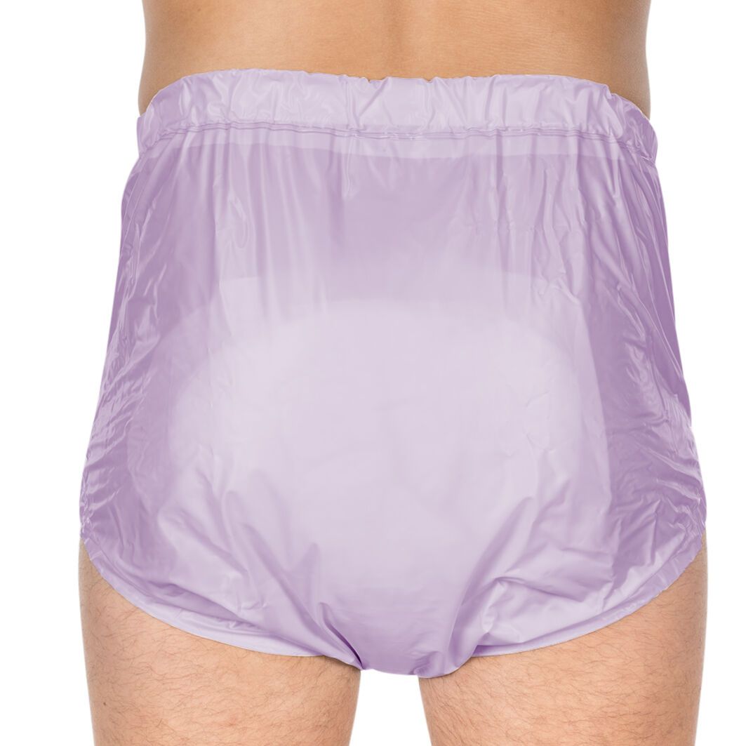 Lila, seitlich knöpfbare PVC-Slip mit verstellbarem Komfortbund. Rückansicht. Elastischer Bund.