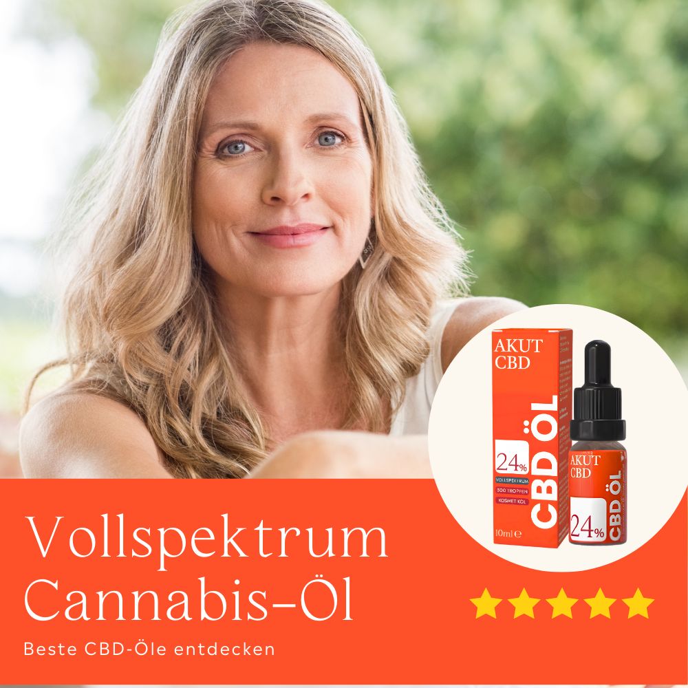 Frau mit blonden Haaren. Neben ihr: AKUT CBD CBD-Öl Flasche und Verpackung. Auf der Verpackung: 24% CBD-Öl.