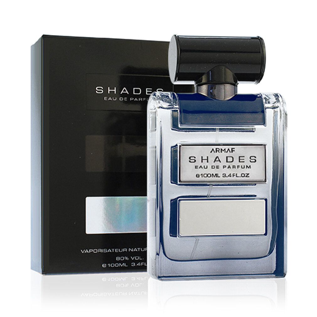 Armaf Shades Eau de Parfum Flakon und Schachtel. Schwarze Schachtel, blauer Flakon mit silbernen Details. Text: Armaf Shades Eau de Parfum.
