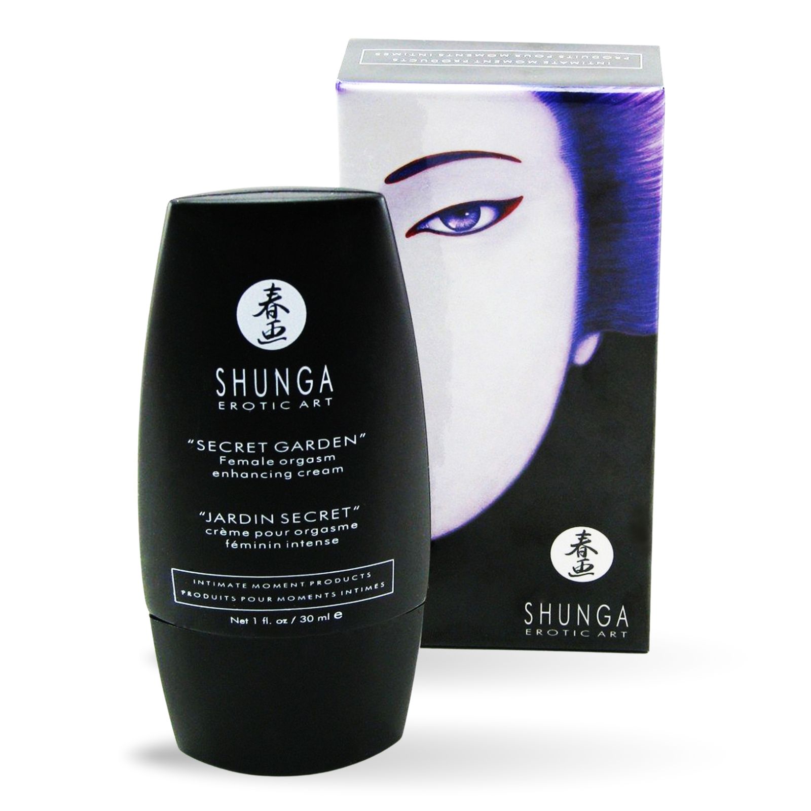 Schwarze Flasche mit Produkttext. Daneben eine Schachtel mit Gesicht. Produktname: Shunga. Text in Englisch und Französisch.