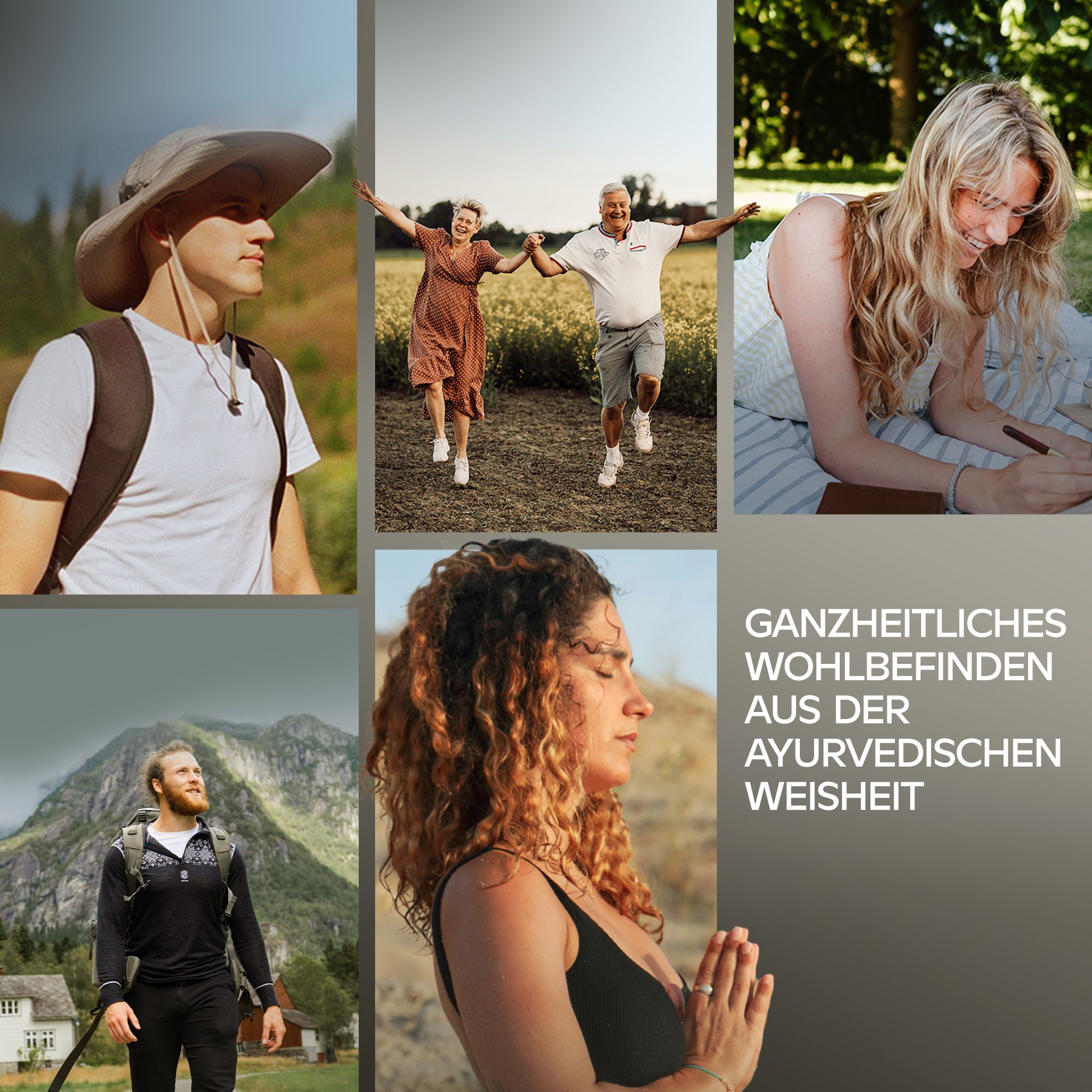 Collage von Menschen in verschiedenen Aktivitäten. Text: Ganzheitliches Wohlbefinden aus ayurvedischer Weisheit.