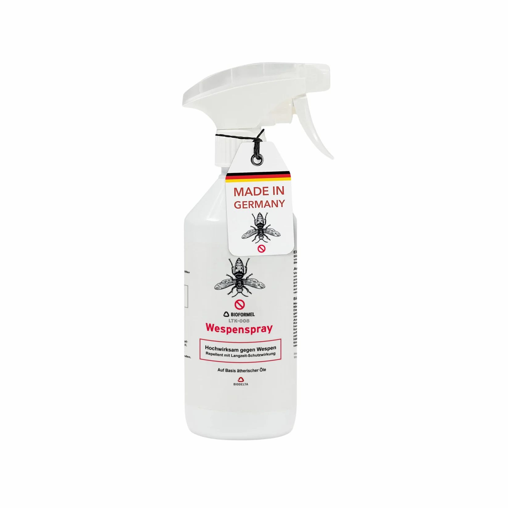 Weitenspray-Flasche mit Sprühkopf. Made in Germany-Etikett. Hochwirksam gegen Wespen. Auf Basis natürlicher Öle.