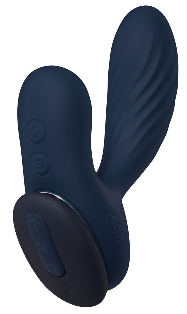 Dunkelblauer Analvibrator mit gerilltem Schaft und Fernbedienung, Nahaufnahme.