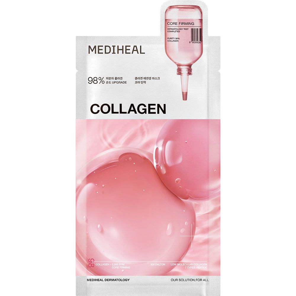 MEDIHEAL Collagen Essential Tuchmaske. Weiße Verpackung mit rosa Flüssigkeit. Tropfflaschen-Design.