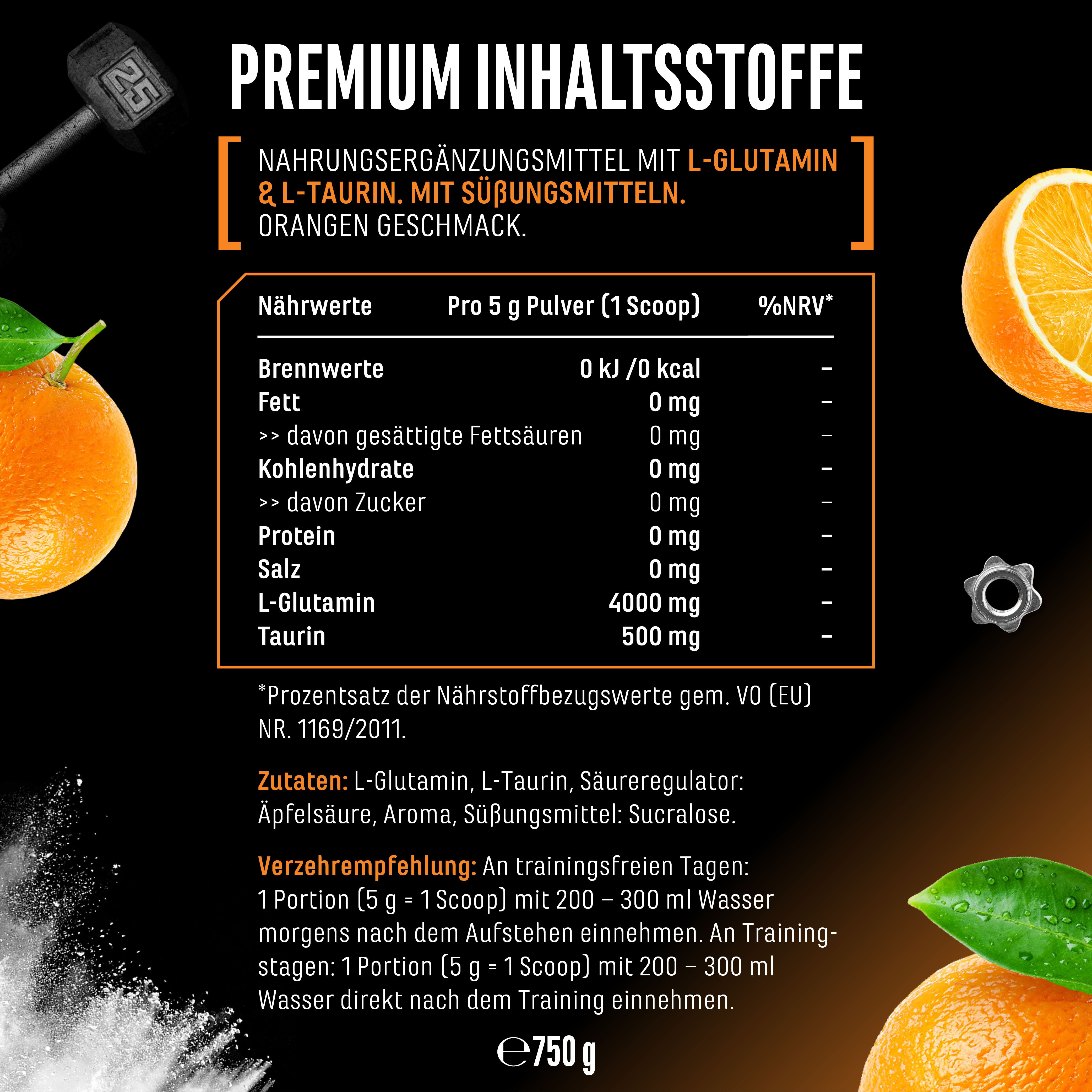 Nahrungsergänzungsmittel mit L-Glutamin & L-Taurin. Orangen Geschmack. Nährwerttabelle pro 5g Pulver. Enthält L-Glutamin und Taurin.