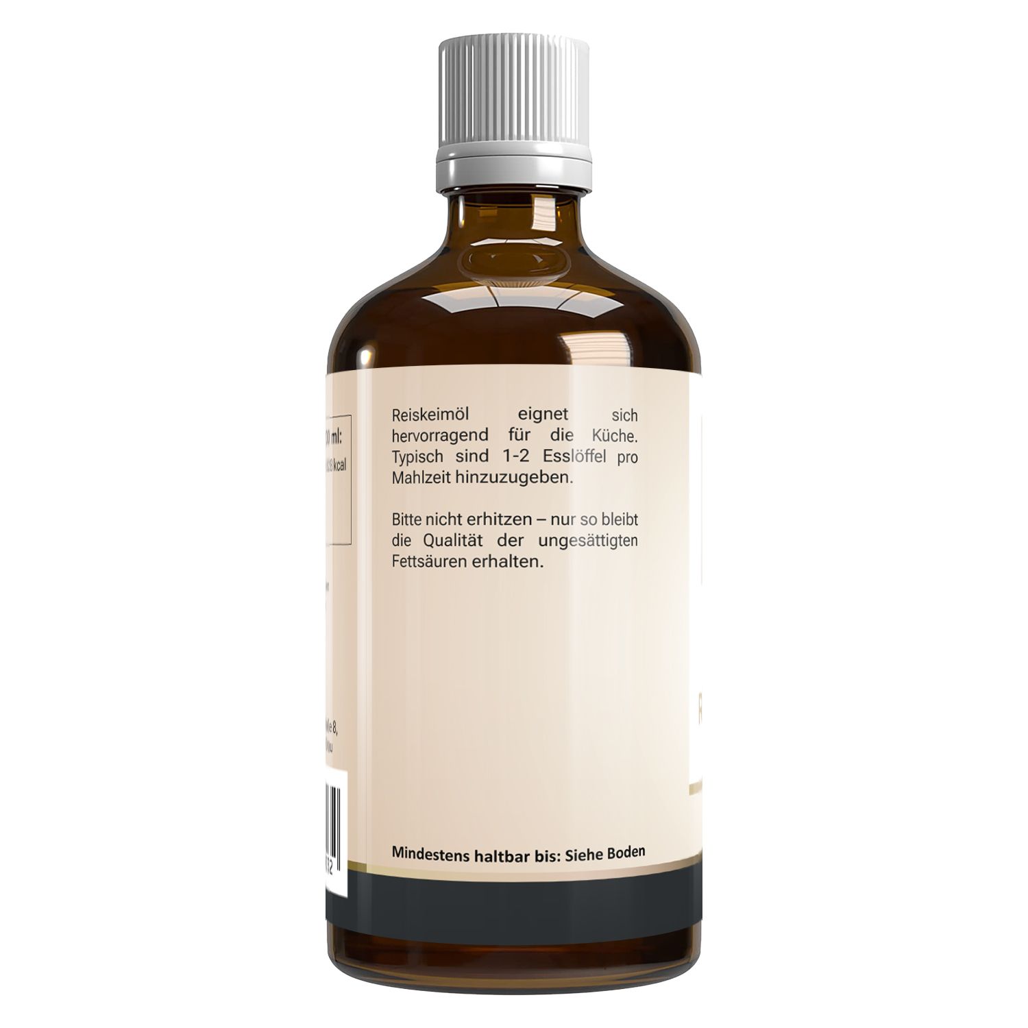 Rückseite der Flasche. Text: Reiskeimöl eignet sich hervorragend für die Küche. Mindestens haltbar bis: Siehe Boden.