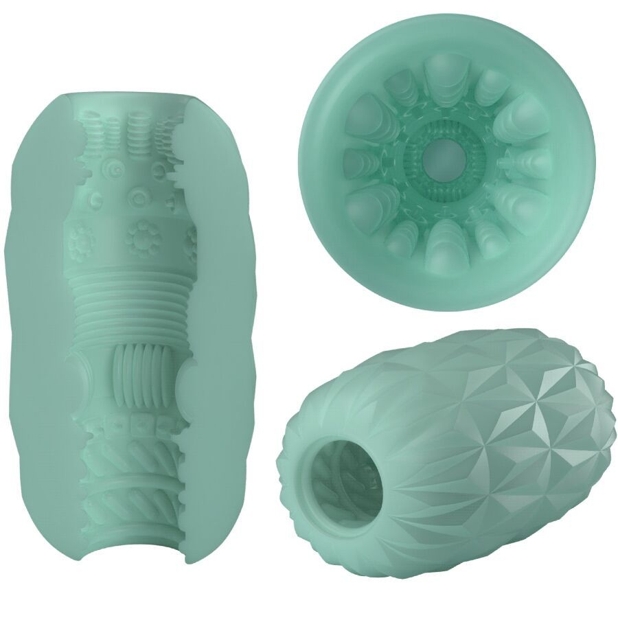 Mintgrüner Pretty Love Eier-Masturbator: Innenansicht, Außenansicht und Seitenansicht.