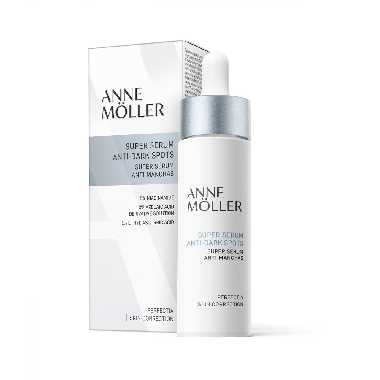 Serumflasche und Schachtel. Flasche weiß mit silbernem Deckel. Schachtel weiß mit Beschriftung: Anne Möller, Super Serum Anti-Dark Spots.