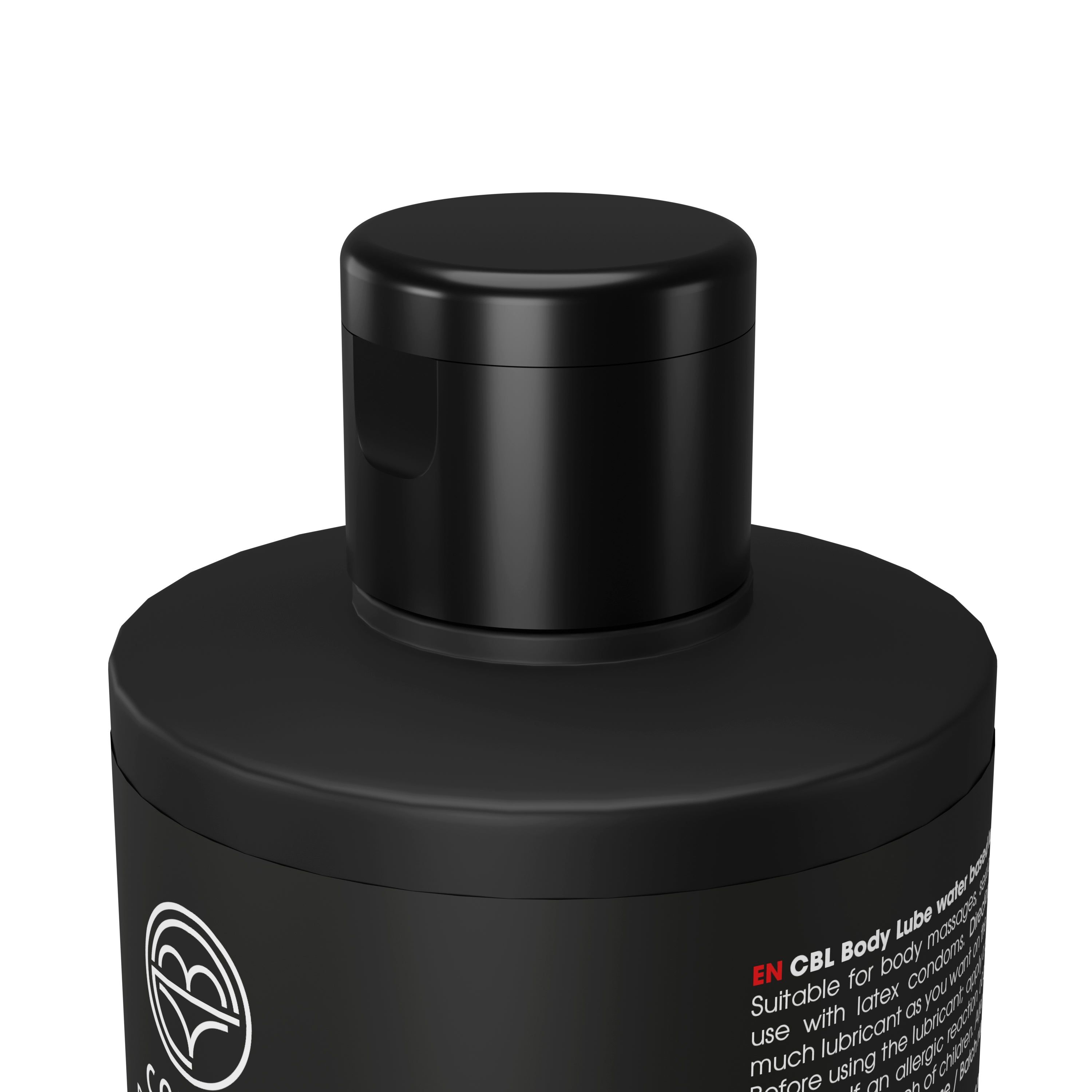 Nahaufnahme des schwarzen Deckels einer Flasche. Der Deckel ist schwarz und hat eine runde Form. "Cobeco Bodylube" ist ebenfalls zu sehen.