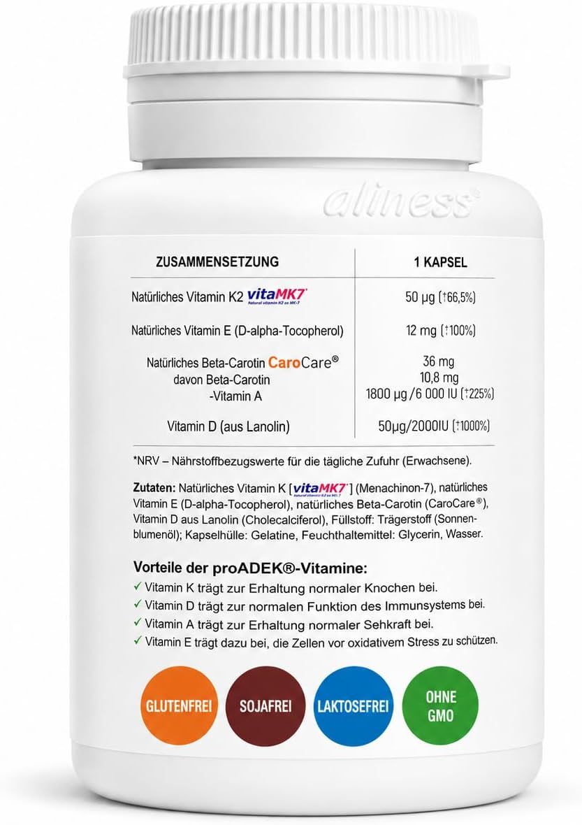 Aliness Vitamine proADEK: Zusammensetzung und Vorteile. Glutenfrei, Sojafrei, Laktosefrei, Ohne GMO.