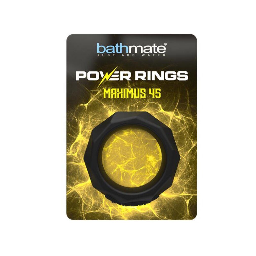 Verpackung mit Bathmate Power Rings Maximus 45, schwarzer Ring sichtbar.