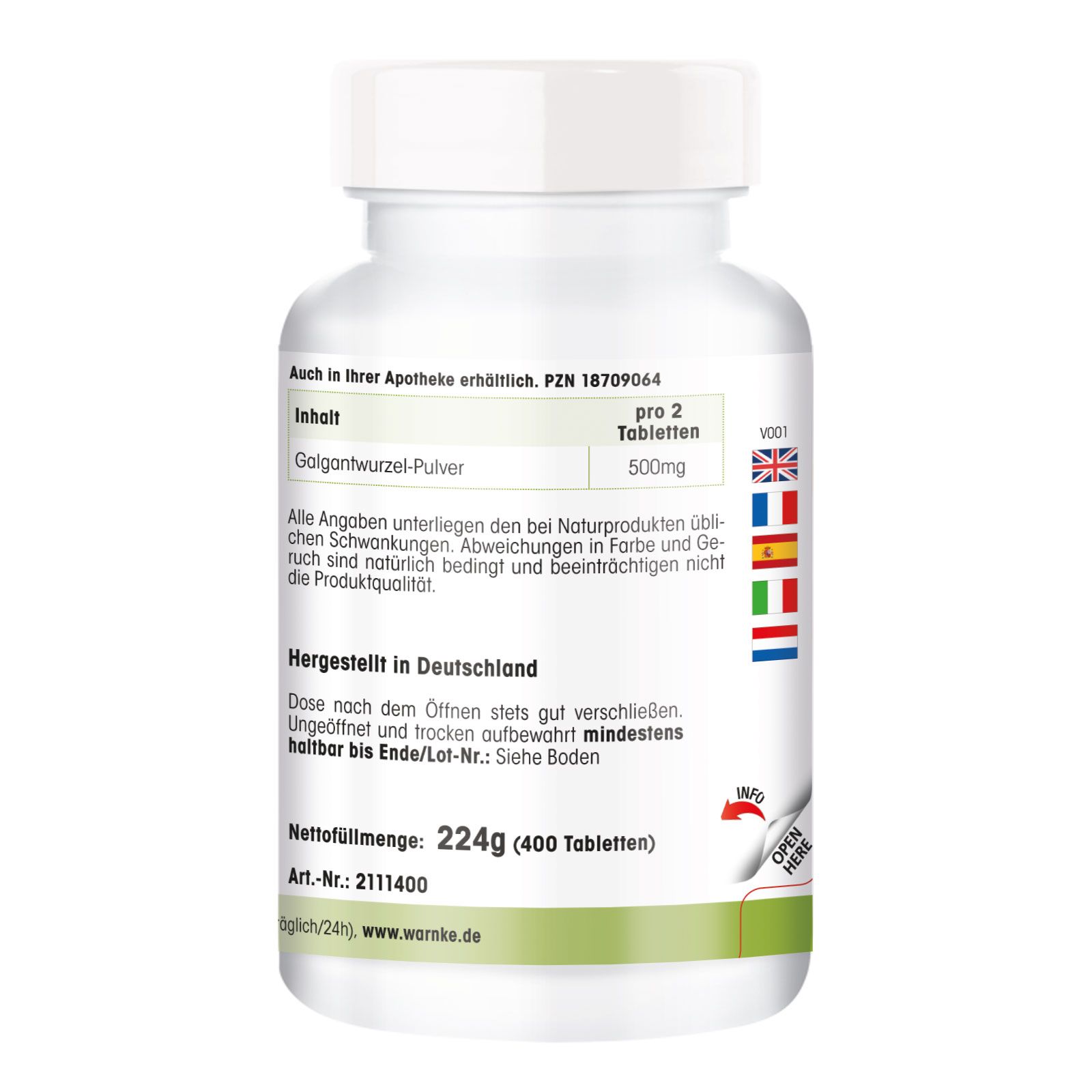 Rückseite einer weißen Flasche. Aufschrift: Galgantwurzel-Pulver. Nettomenge: 224g (400 Tabletten). Hergestellt in Deutschland.