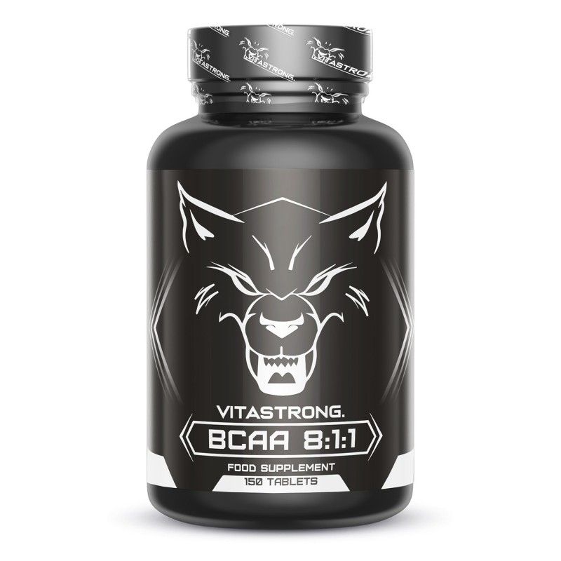 Vitastrong BCAA 8:1:1. Schwarze Flasche mit weißem Wolf-Logo. 150 Tabletten.