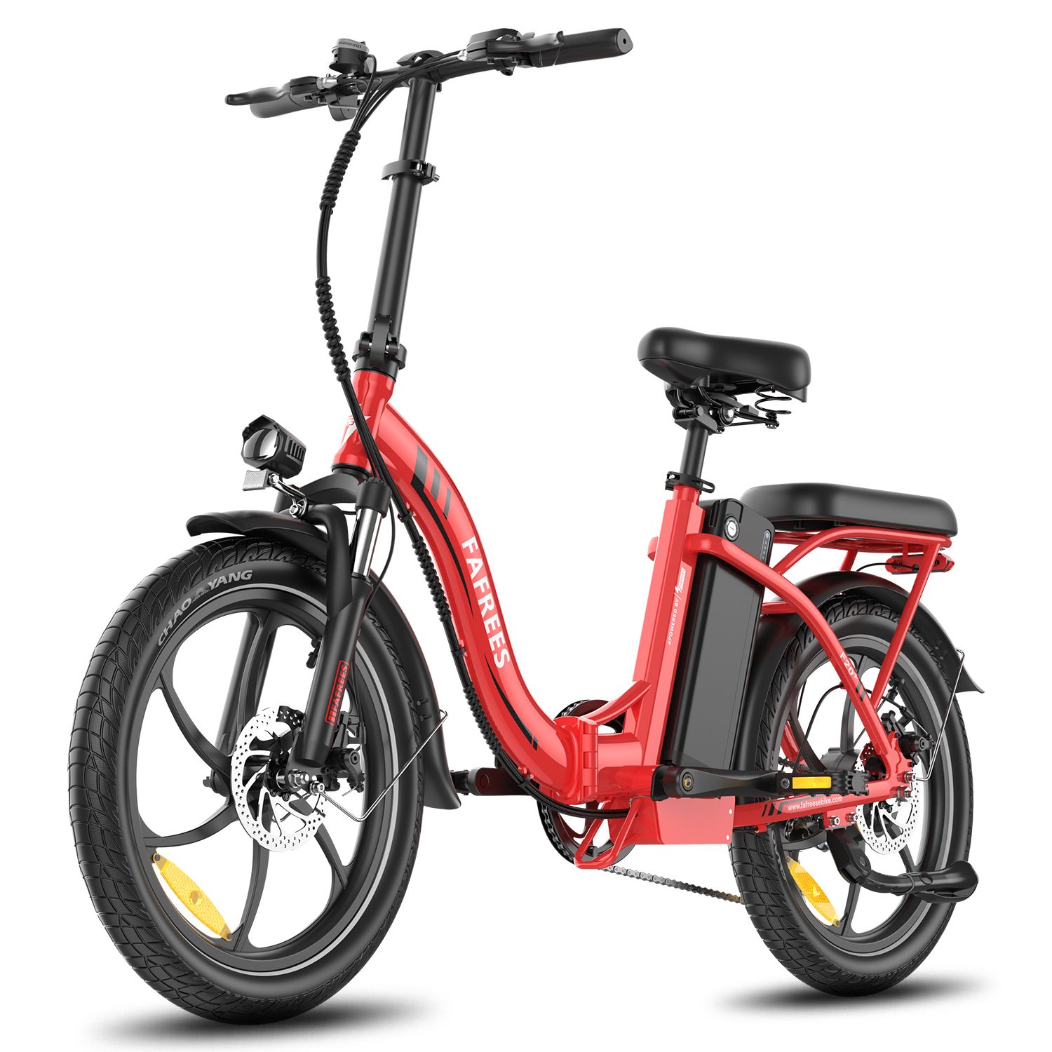 Rotes Fafrees F20+ Klapp-E-Bike. Schwarze Reifen, Sattel und Akku. Marke sichtbar.