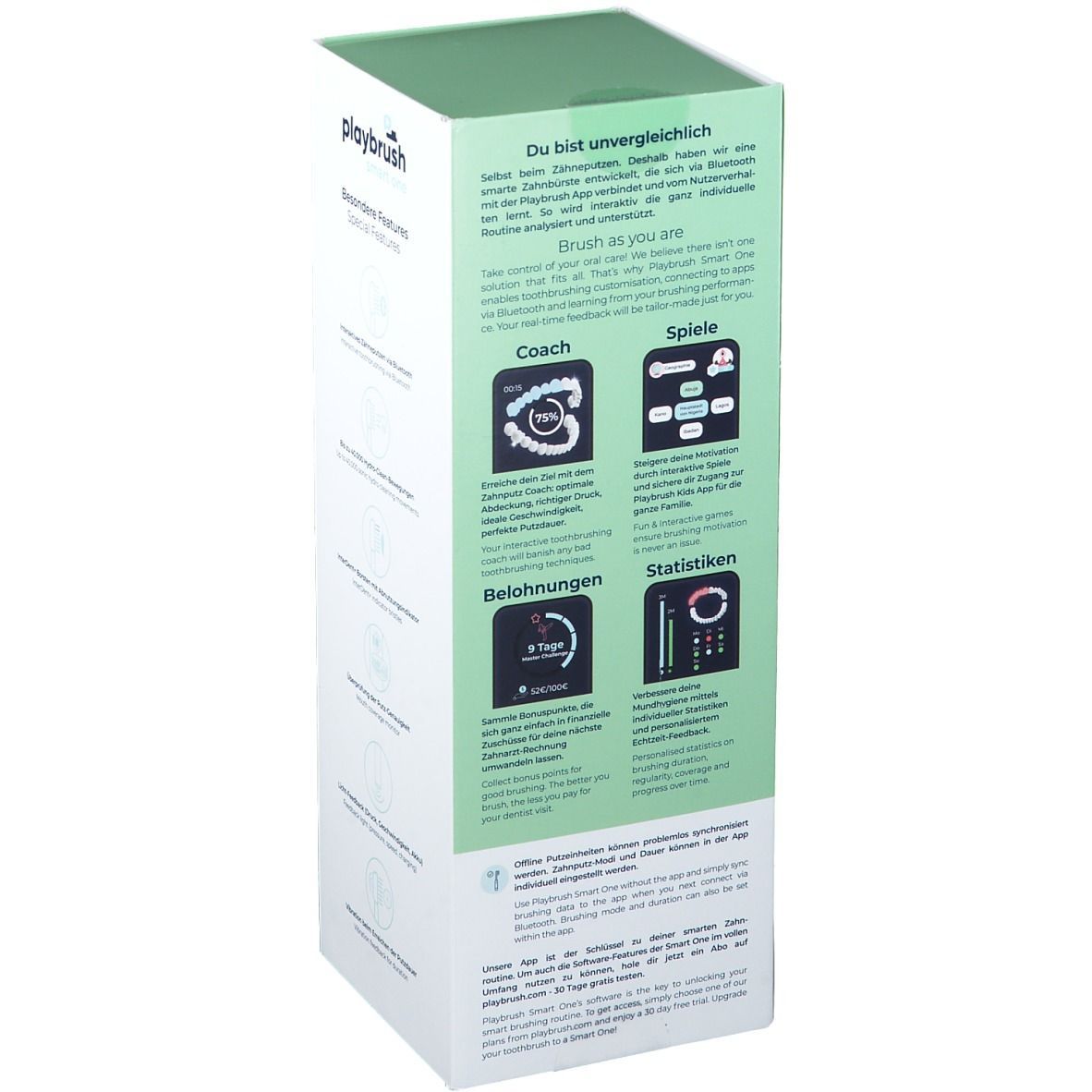 Rückseite der Verpackung. Textabschnitte und Icons. Enthält Informationen über Coach, Spiele, Belohnungen und Statistiken. Text: "Du bist unvergleichlich".