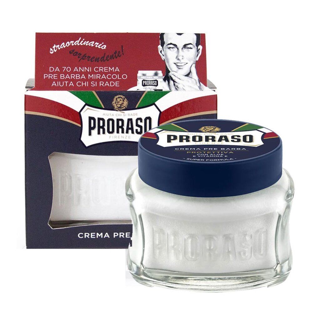 Glasbehälter mit blauer Kappe und Karton. Auf dem Behälter und Karton steht "Proraso". Der Behälter enthält weiße Creme.